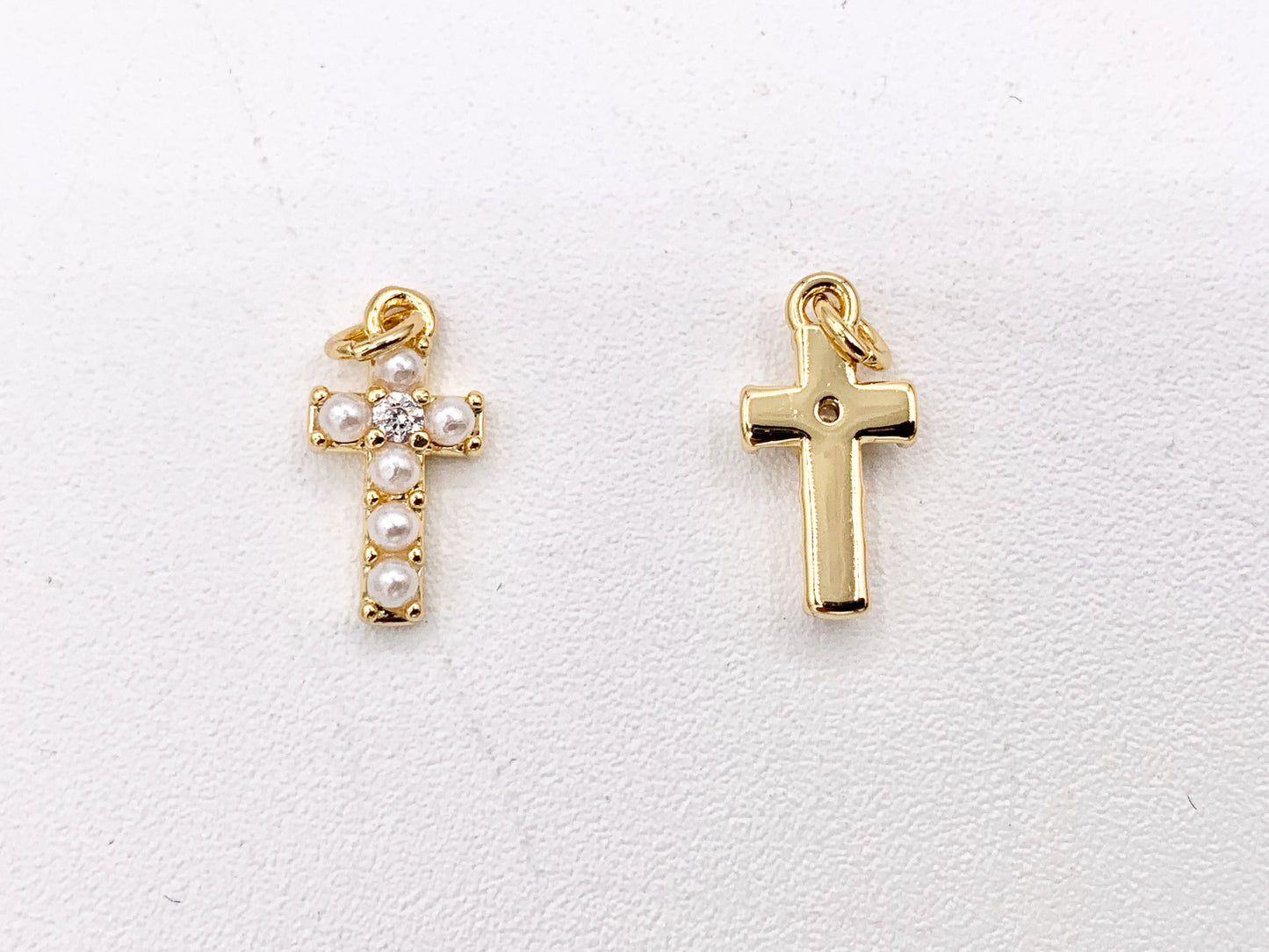 Real Gold 18K Plated Micro CZ Pave Tiny Pearl Cross Charm Over Brass 10 PCS