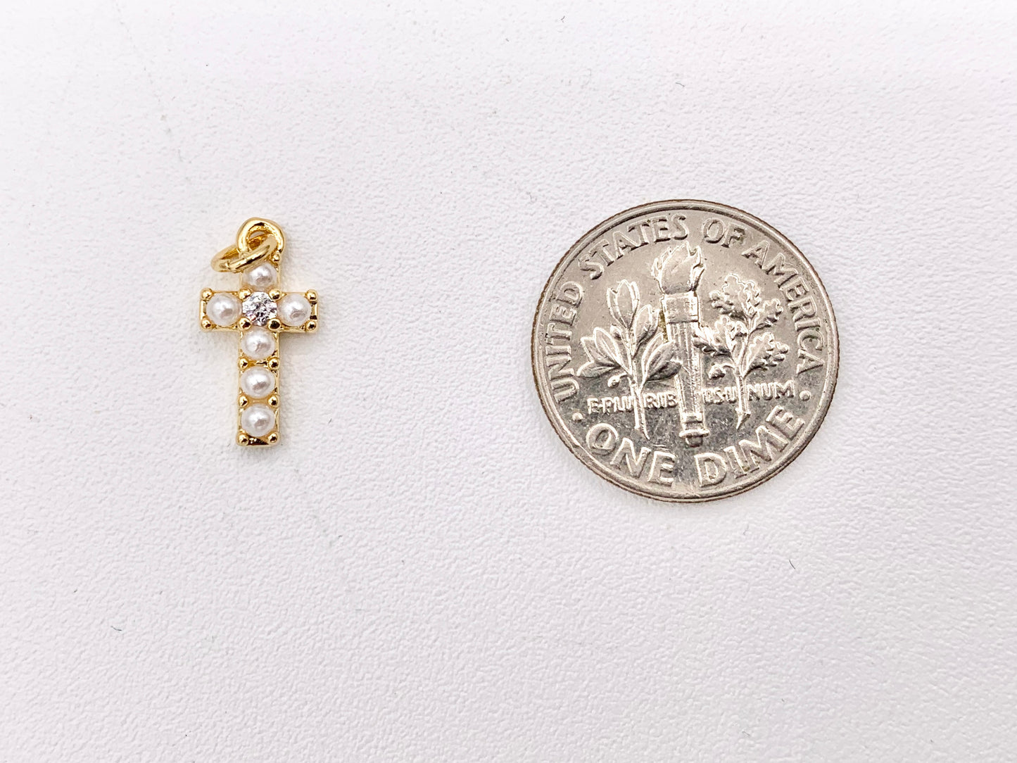 Real Gold 18K Plated Micro CZ Pave Tiny Pearl Cross Charm Over Brass 10 PCS