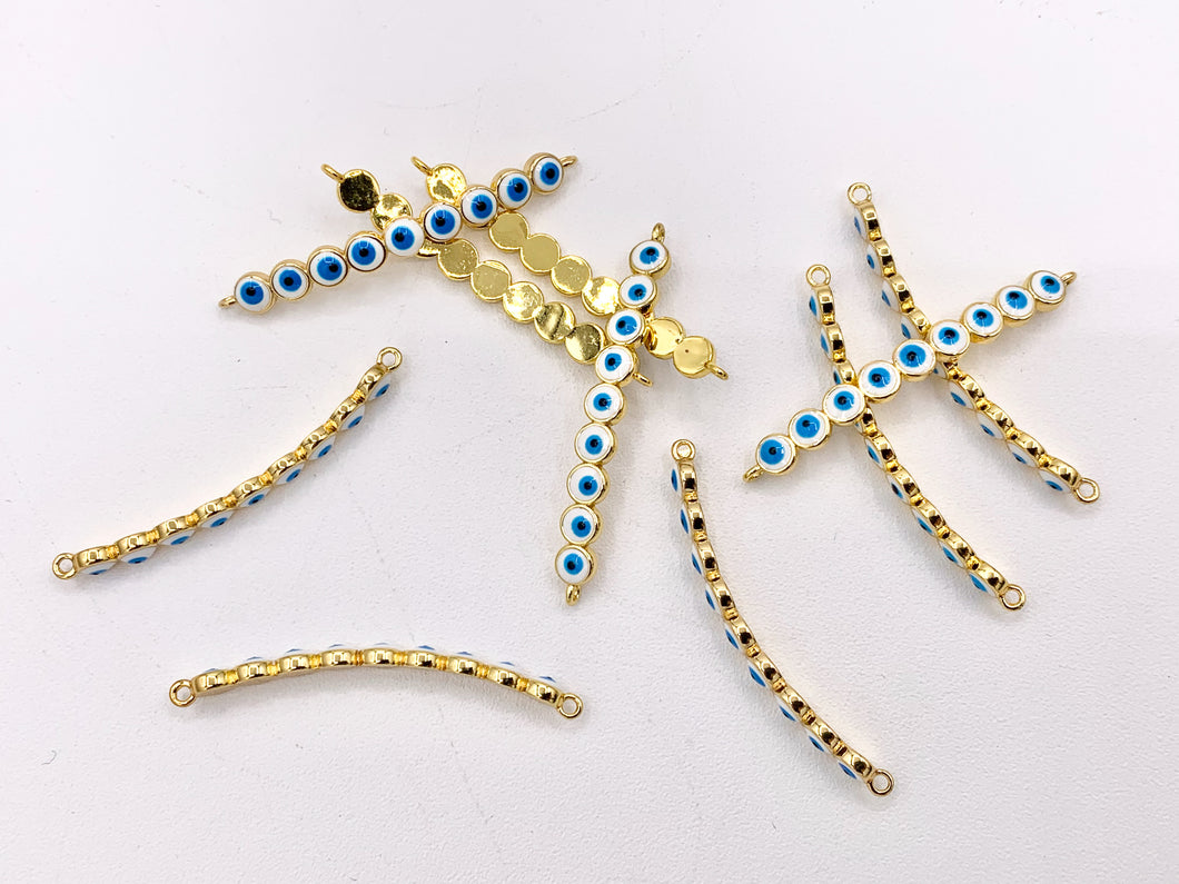 White Blue Enamel Mini Evil Eye Connectors in Real 18K Gold Plated Copper 10 PCS