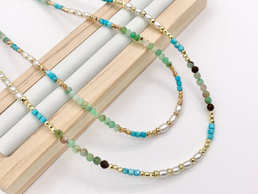Delicate Chrysoprase, Magnesite & Pearl Necklaces 18K Gold Plated Copper Cute Choker Finished Necklace 16" Price For 1 Necklace