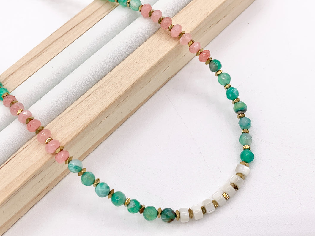 Delicate Dyed Agate + Shell Heishi Beaded Necklace 18K Gold Plated Copper Clasps Finished Necklace 15-16