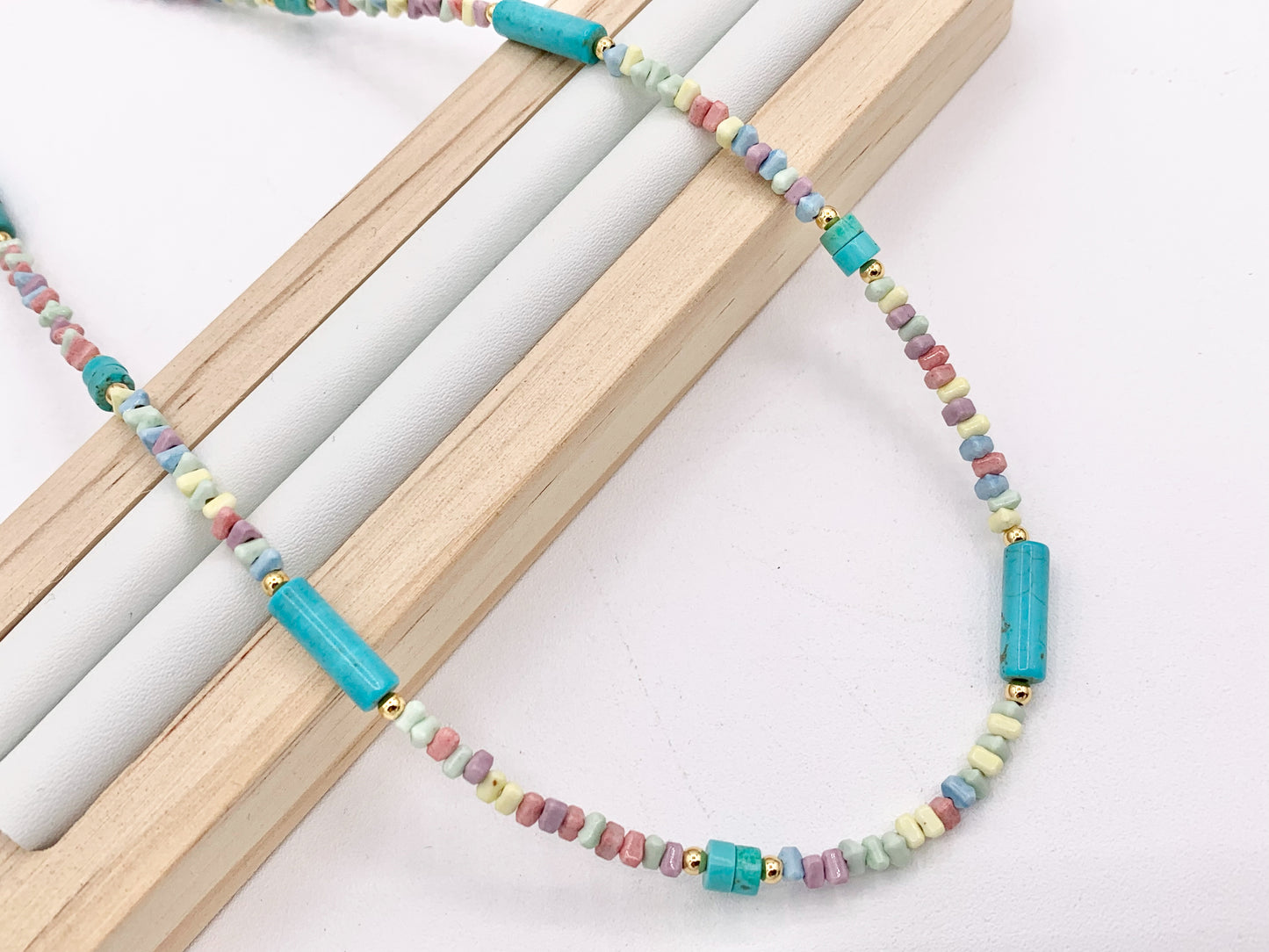 Delicate Magnesite Heishi/Tube + Pastel Color Agate Nuggets Beaded Necklace 18K Gold Plated Copper Clasps Finished Necklace 15-16" 1 PC