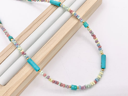 Delicate Magnesite Heishi/Tube + Pastel Color Agate Nuggets Beaded Necklace 18K Gold Plated Copper Clasps Finished Necklace 15-16" 1 PC