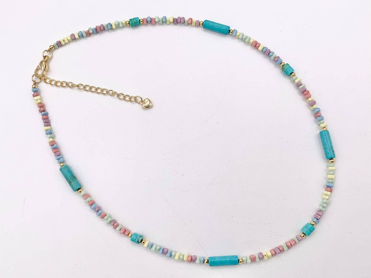 Delicate Magnesite Heishi/Tube + Pastel Color Agate Nuggets Beaded Necklace 18K Gold Plated Copper Clasps Finished Necklace 15-16" 1 PC