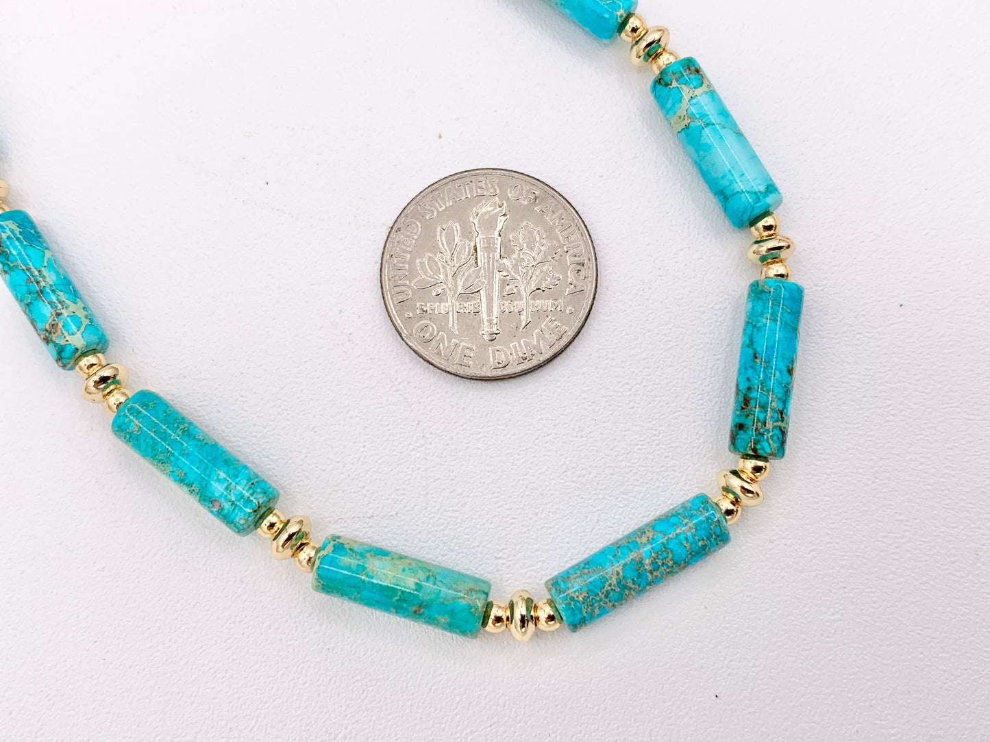 Delicate Turquoise Variscite Tube Beaded Necklace with 18K Gold Plated Copper Spacers & Clasps Finished Necklace 16" 1 PC
