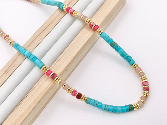 Delicate Assorted Stone Magnesite Heishi Necklace 18K Gold Plated Copper Spacers & Clasps Cute Choker Finished Necklace 15-16" 1 PC