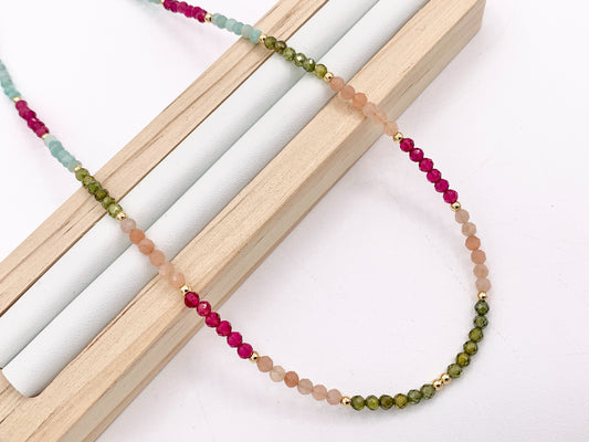 Delicate Assorted Hand Cut Stone Beaded Necklace 18K Gold Plated Copper Findings Cute Finished Necklace 16" 1 PC