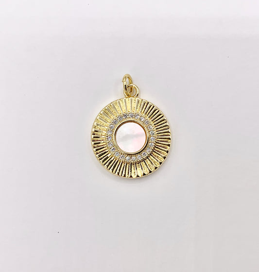 Mother of Pearl Coin Pendant CZ Pave Charm in Real Gold 18K Plated Over Brass 5 PCS