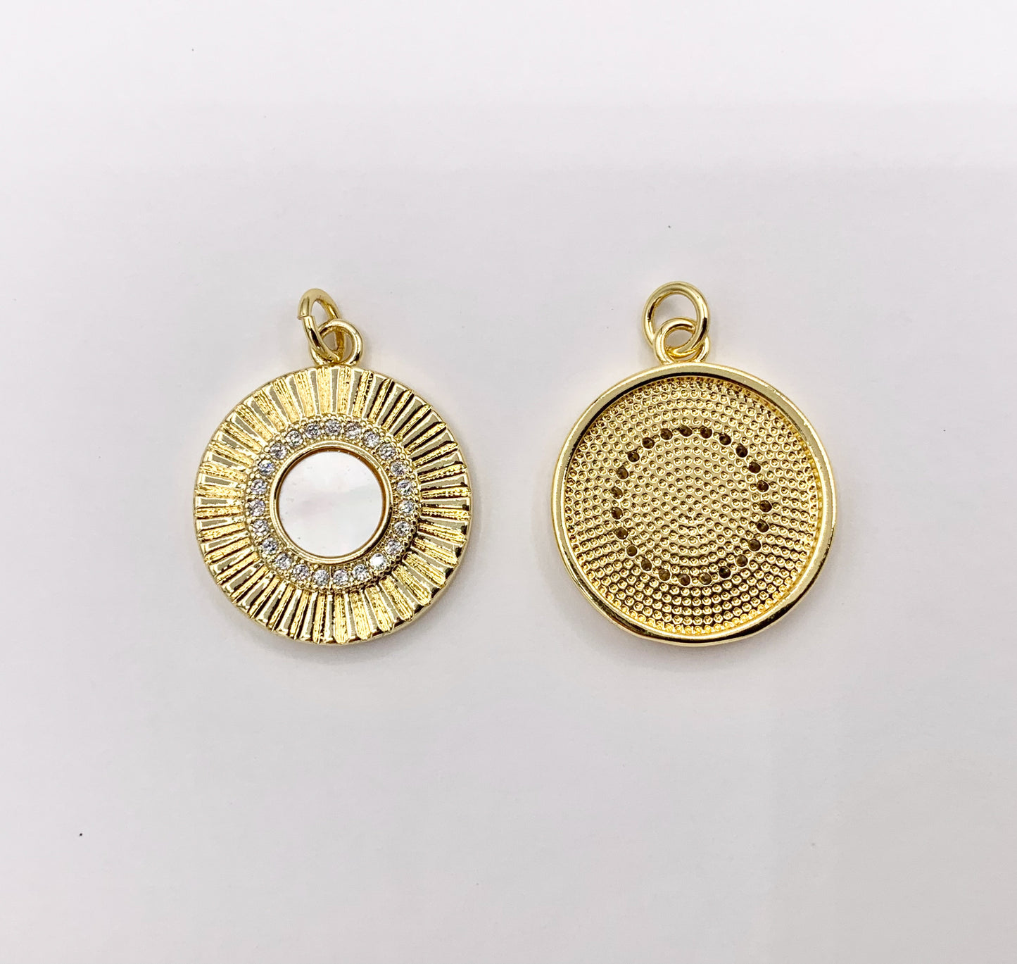 Mother of Pearl Coin Pendant CZ Pave Charm in Real Gold 18K Plated Over Brass 5 PCS