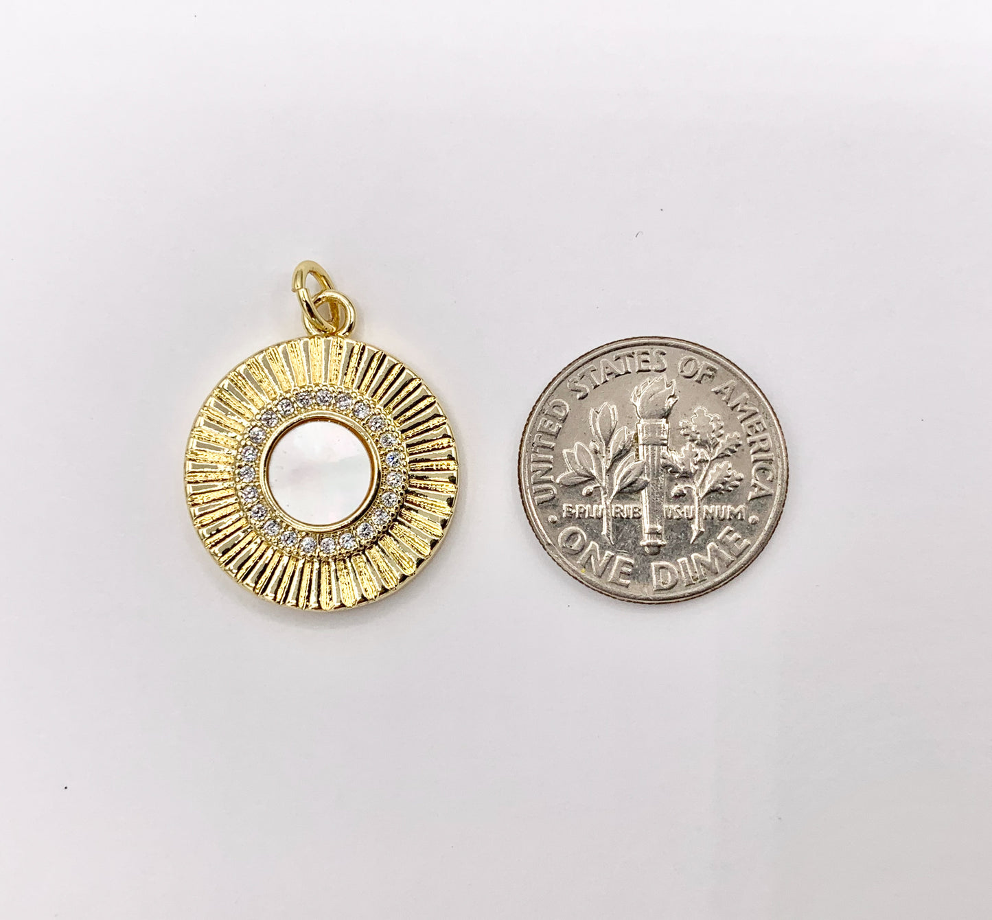 Mother of Pearl Coin Pendant CZ Pave Charm in Real Gold 18K Plated Over Brass 5 PCS