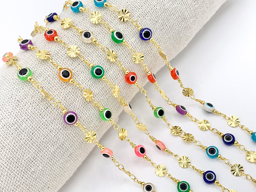 Multicolor Enamel Evil Eye + Gold Coin Disc Chain in 18K Gold Plated Copper 1 Spool