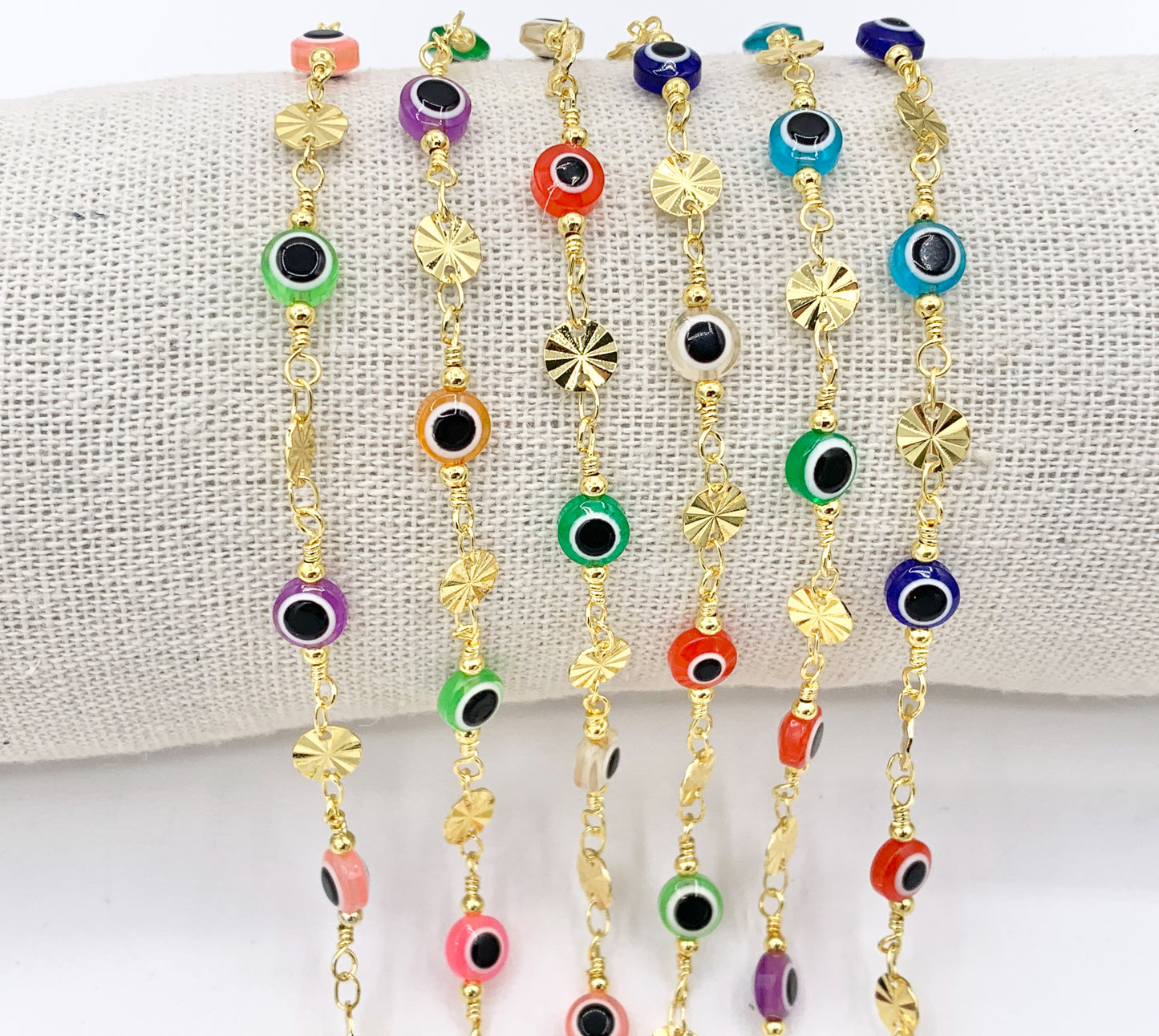 Multicolor Enamel Evil Eye + Gold Coin Disc Chain in 18K Gold Plated Copper 1 Spool