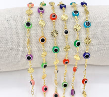 Cargar imagen en el visor de la galería, Multicolor Enamel Evil Eye + Gold Coin Disc Chain in 18K Gold Plated Copper 1 Spool
