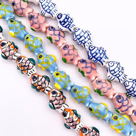 Hand Painted Fish Shape Ceramic Porcelain Shiny Beads For Jewelry Making 10" Price For 1 Strand