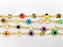 Load image into Gallery viewer, Multicolor Enamel Evil Eye + Gold Coin Disc Chain in 18K Gold Plated Copper 1 Spool
