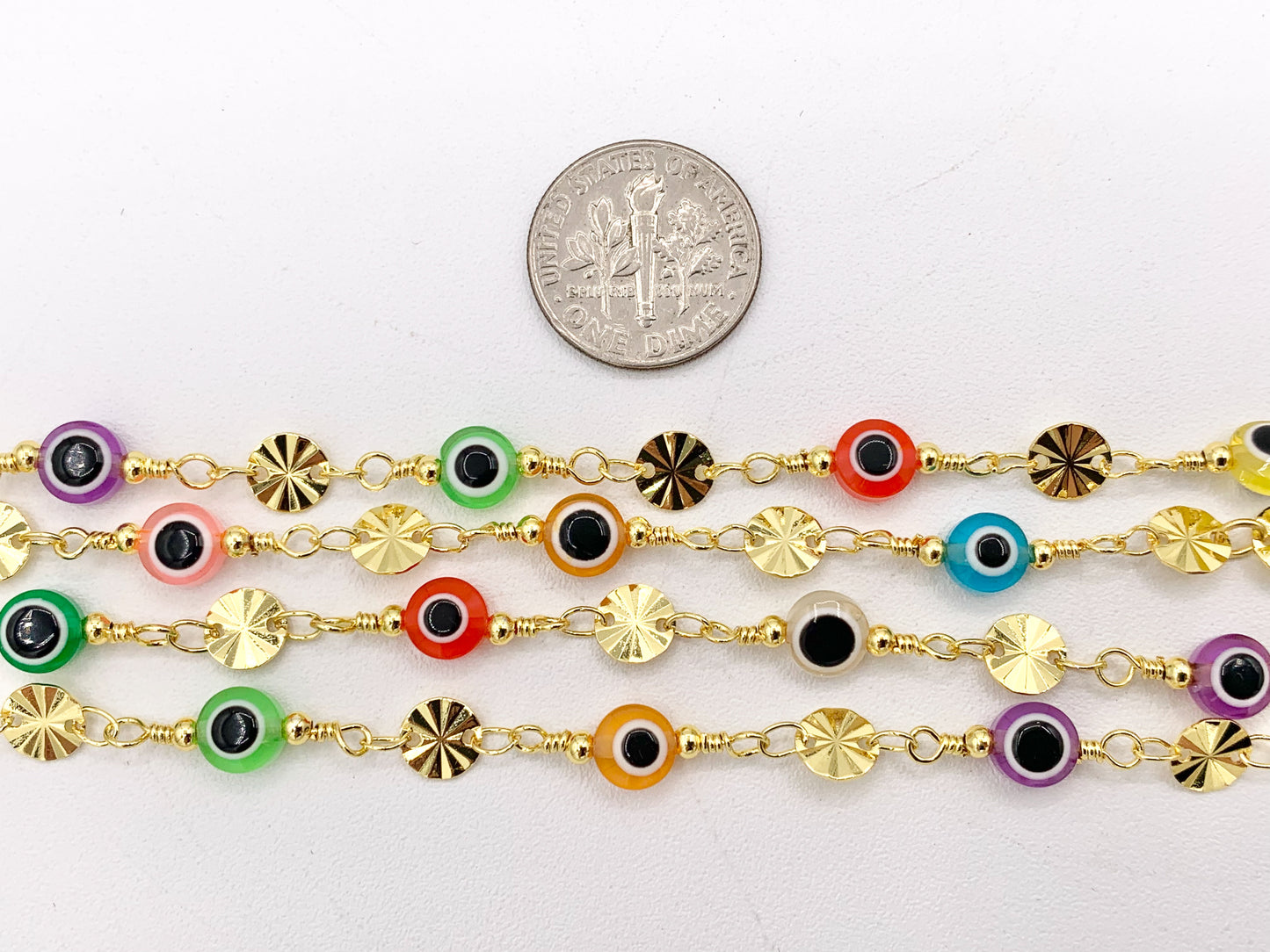 Multicolor Enamel Evil Eye + Gold Coin Disc Chain in 18K Gold Plated Copper 1 Spool
