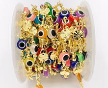 Cargar imagen en el visor de la galería, Multicolor Enamel Evil Eye + Gold Coin Disc Chain in 18K Gold Plated Copper 1 Spool
