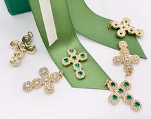 Cargar imagen en el visor de la galería, Whimsical Bedazzle Gold Cross Pendants with Beautiful Clear &amp; Green CZ Pave in 18K Gold plated Copper 5 PCS
