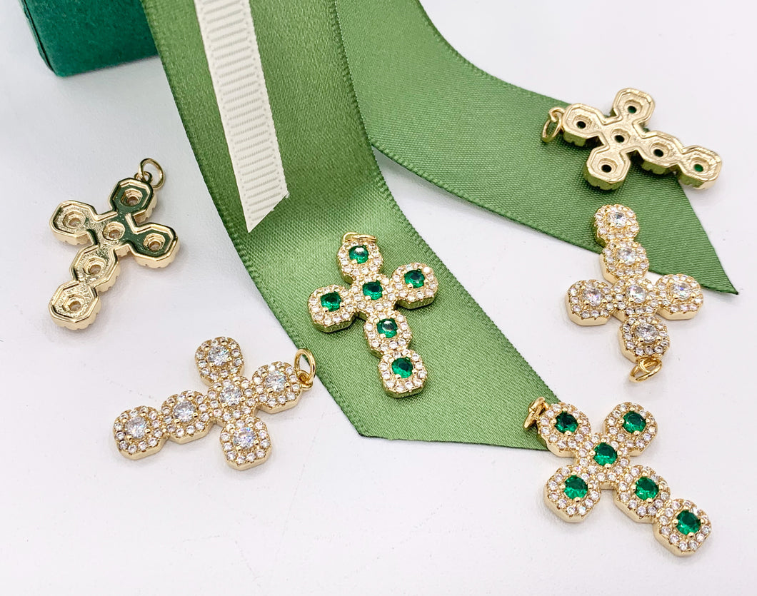 Whimsical Bedazzle Gold Cross Pendants with Beautiful Clear & Green CZ Pave in 18K Gold plated Copper 5 PCS