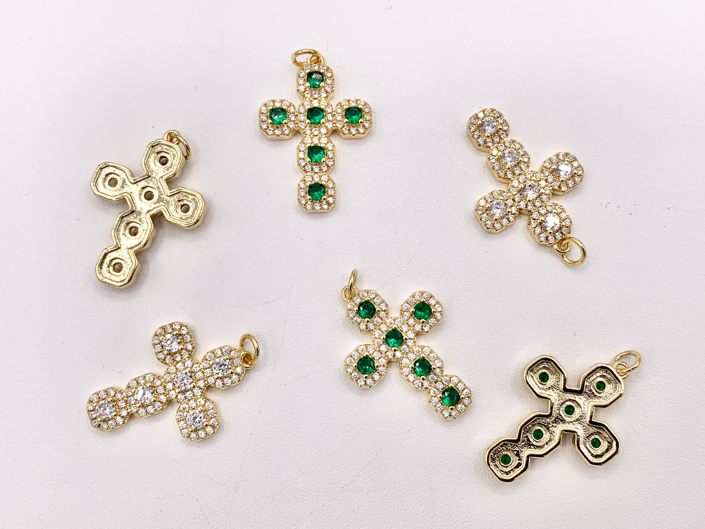 Whimsical Bedazzle Gold Cross Pendants with Beautiful Clear & Green CZ Pave in 18K Gold plated Copper 5 PCS