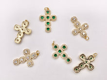 Load image into Gallery viewer, Whimsical Bedazzle Gold Cross Pendants with Beautiful Clear &amp; Green CZ Pave in 18K Gold plated Copper 5 PCS
