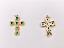 Cargar imagen en el visor de la galería, Whimsical Bedazzle Gold Cross Pendants with Beautiful Clear &amp; Green CZ Pave in 18K Gold plated Copper 5 PCS
