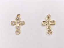 Load image into Gallery viewer, Whimsical Bedazzle Gold Cross Pendants with Beautiful Clear &amp; Green CZ Pave in 18K Gold plated Copper 5 PCS
