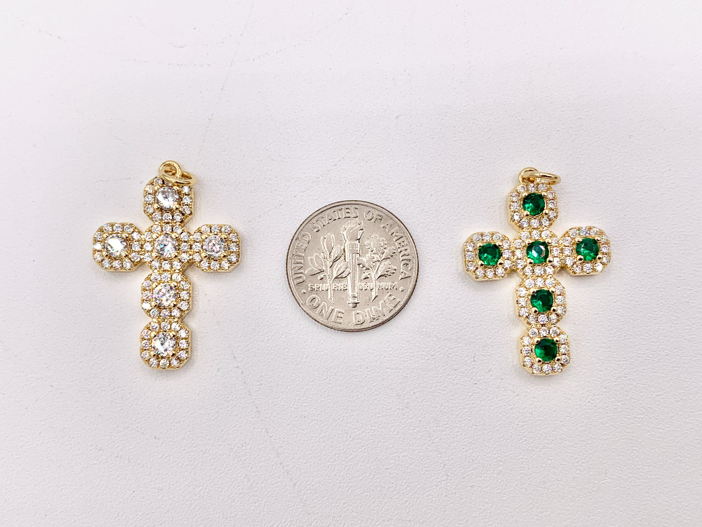 Whimsical Bedazzle Gold Cross Pendants with Beautiful Clear & Green CZ Pave in 18K Gold plated Copper 5 PCS