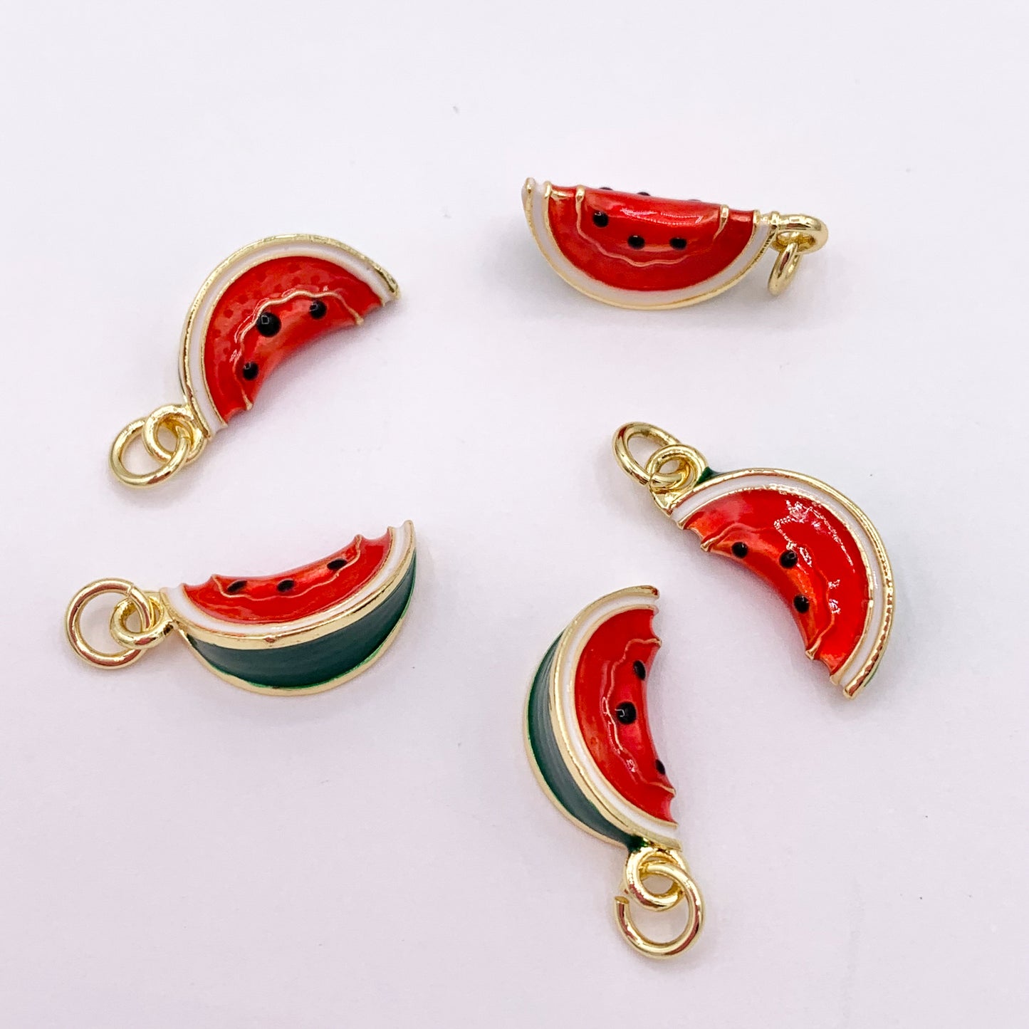Red Enamel Watermelon Slices Charms 3D Puffy Fruit Charms in 18K Gold Plated Over Copper 10 PCS