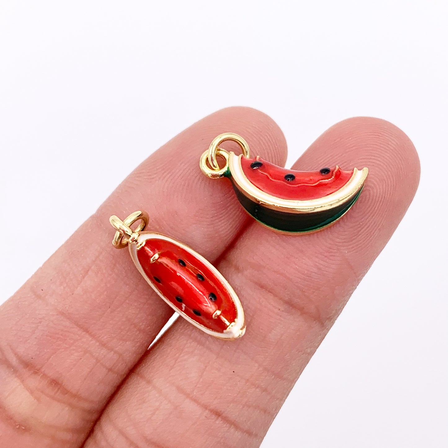 Red Enamel Watermelon Slices Charms 3D Puffy Fruit Charms in 18K Gold Plated Over Copper 10 PCS