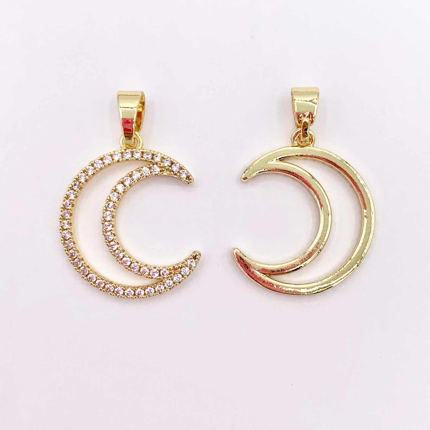 Hollow Moon Crescent Pendant Charms in Real 18K Gold Plated Copper with CZ Pave 6 PCS
