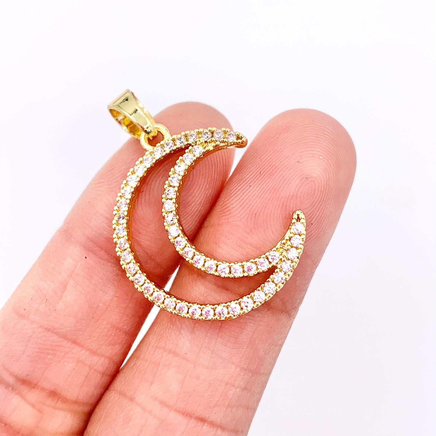 Hollow Moon Crescent Pendant Charms in Real 18K Gold Plated Copper with CZ Pave 6 PCS