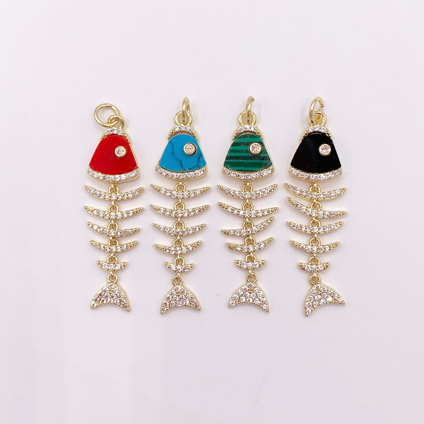 Cute Dangle Colorful Fish Charms in 18K Gold Plated Copper with CZ Pave 5 PCS