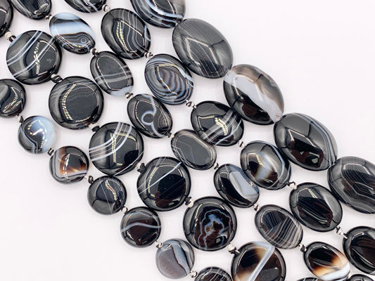 Grade AAA Black Sardonyx with White Stripes Agate Shiny Polished Oval And Coin Shape Natural Stone Beads Around 15"