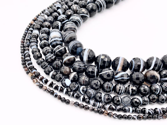 Grade AAA Black Sardonyx with White Stripes Agate Round Shiny Polished Faceted Natural Stone Beads 3mm 4mm 6mm 8mm 10mm 12mm Around 14-15"