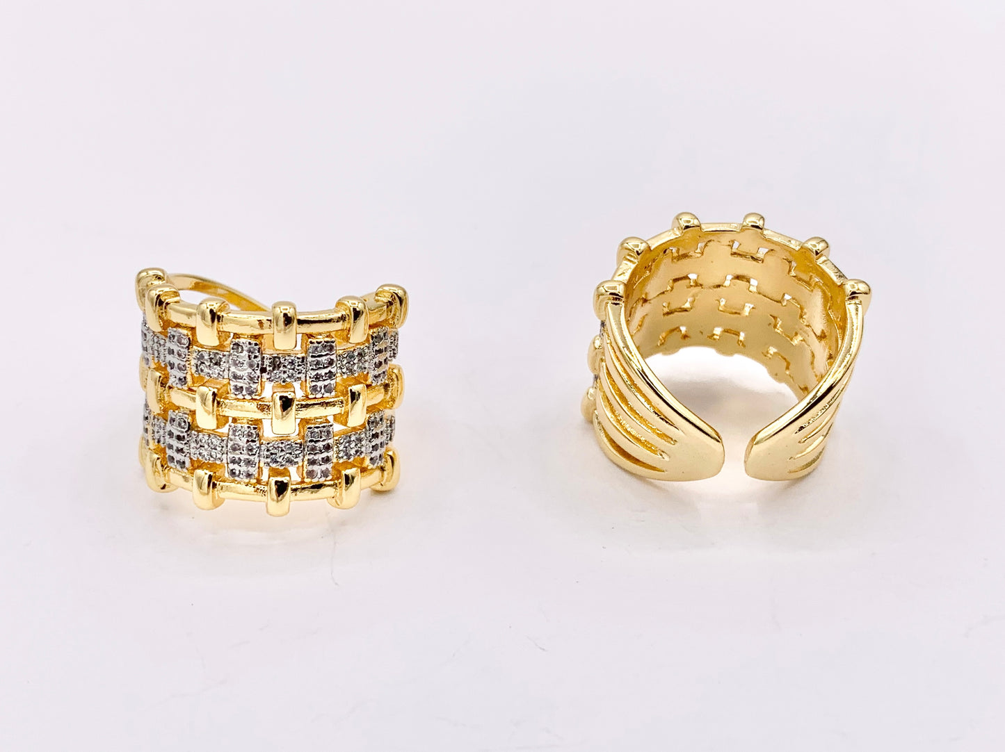 2 Tone Thick Chunky Adjustable Ring in Real Gold/Platinum 18K Plated Copper CZ Pave  3 PCS