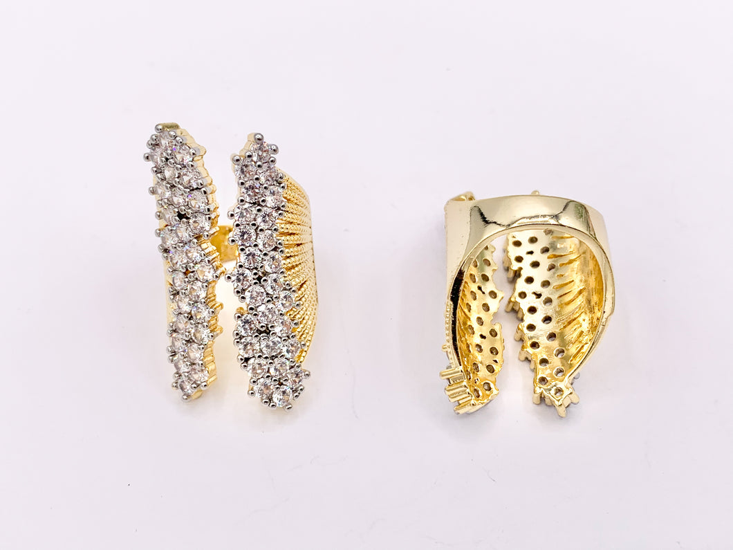 2 Tone Thick Chunky Front Open Adjustable Ring in Real Gold/Platinum 18K Plated Copper CZ Pave 3 PCS