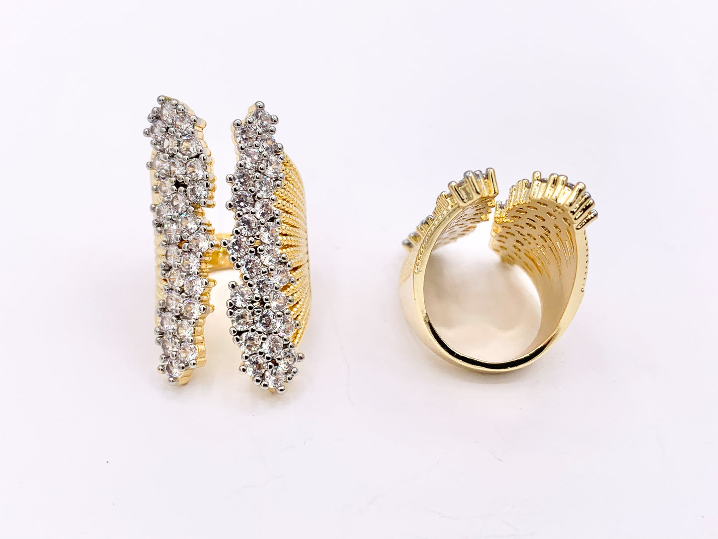 2 Tone Thick Chunky Front Open Adjustable Ring in Real Gold/Platinum 18K Plated Copper CZ Pave 3 PCS