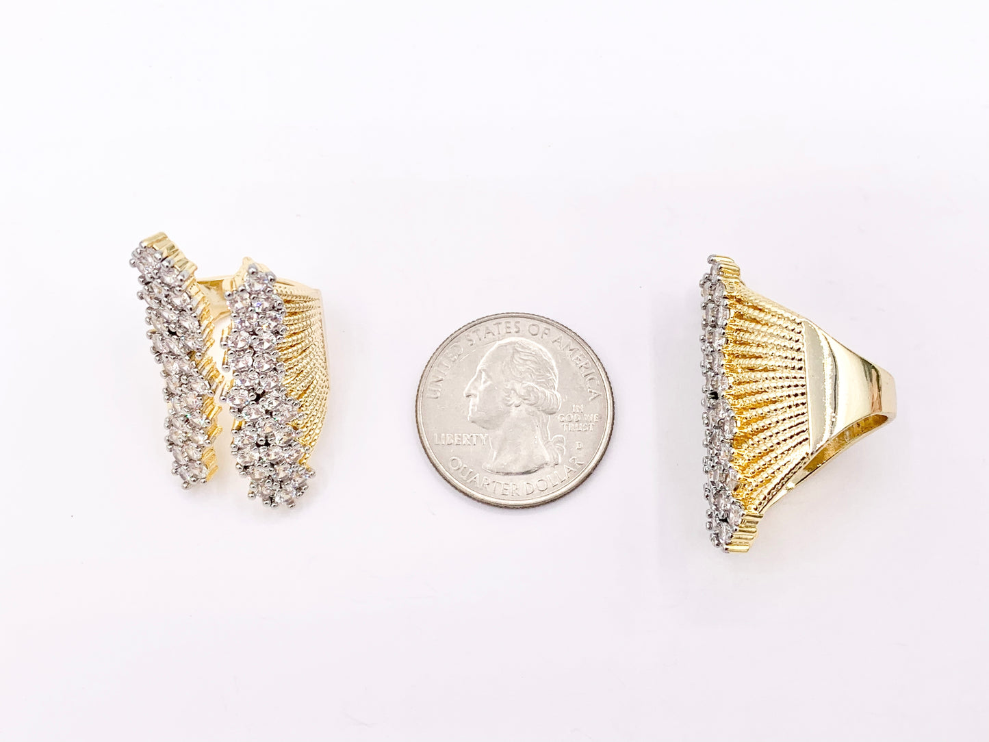 2 Tone Thick Chunky Front Open Adjustable Ring in Real Gold/Platinum 18K Plated Copper CZ Pave 3 PCS