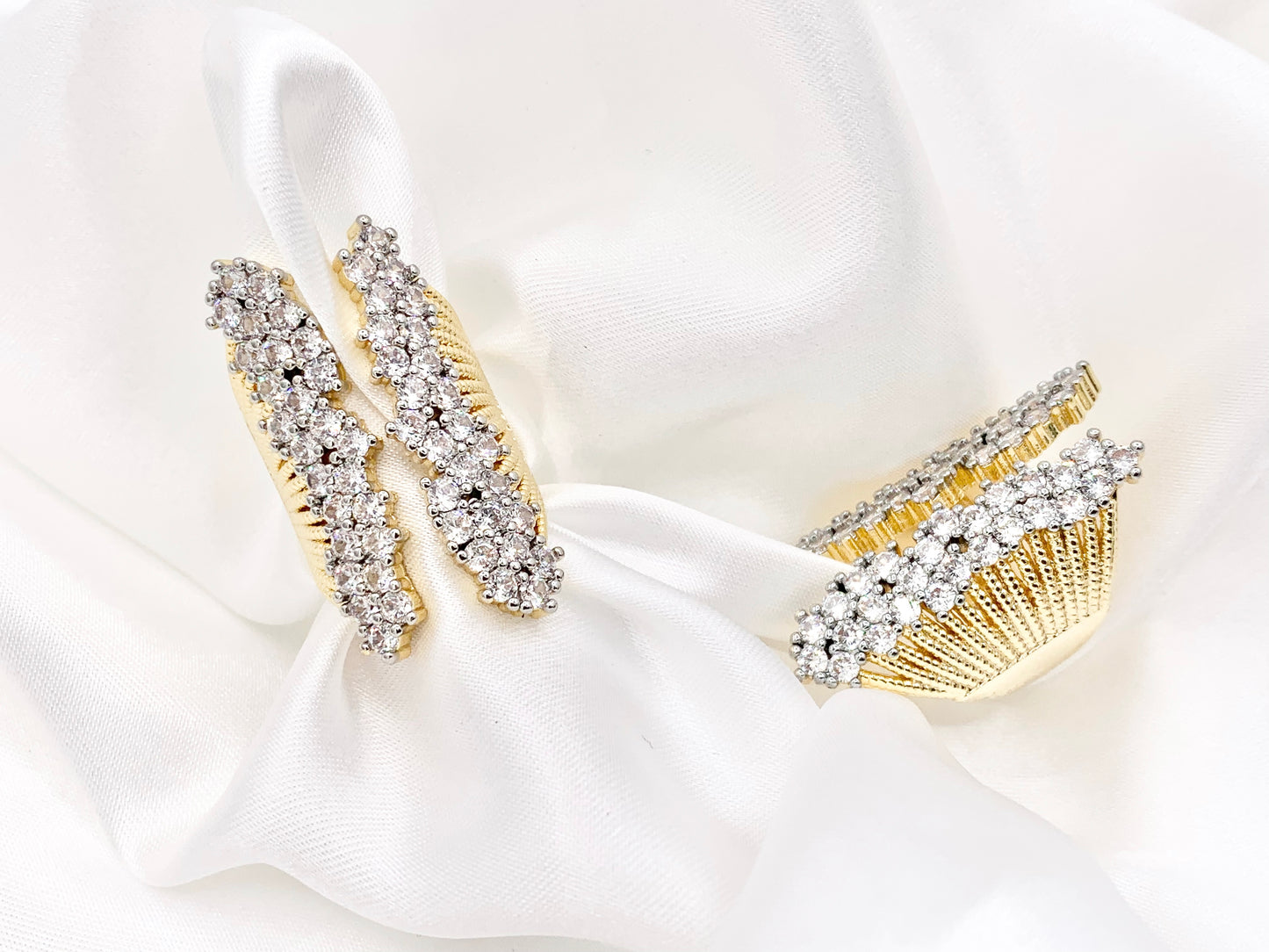 2 Tone Thick Chunky Front Open Adjustable Ring in Real Gold/Platinum 18K Plated Copper CZ Pave 3 PCS