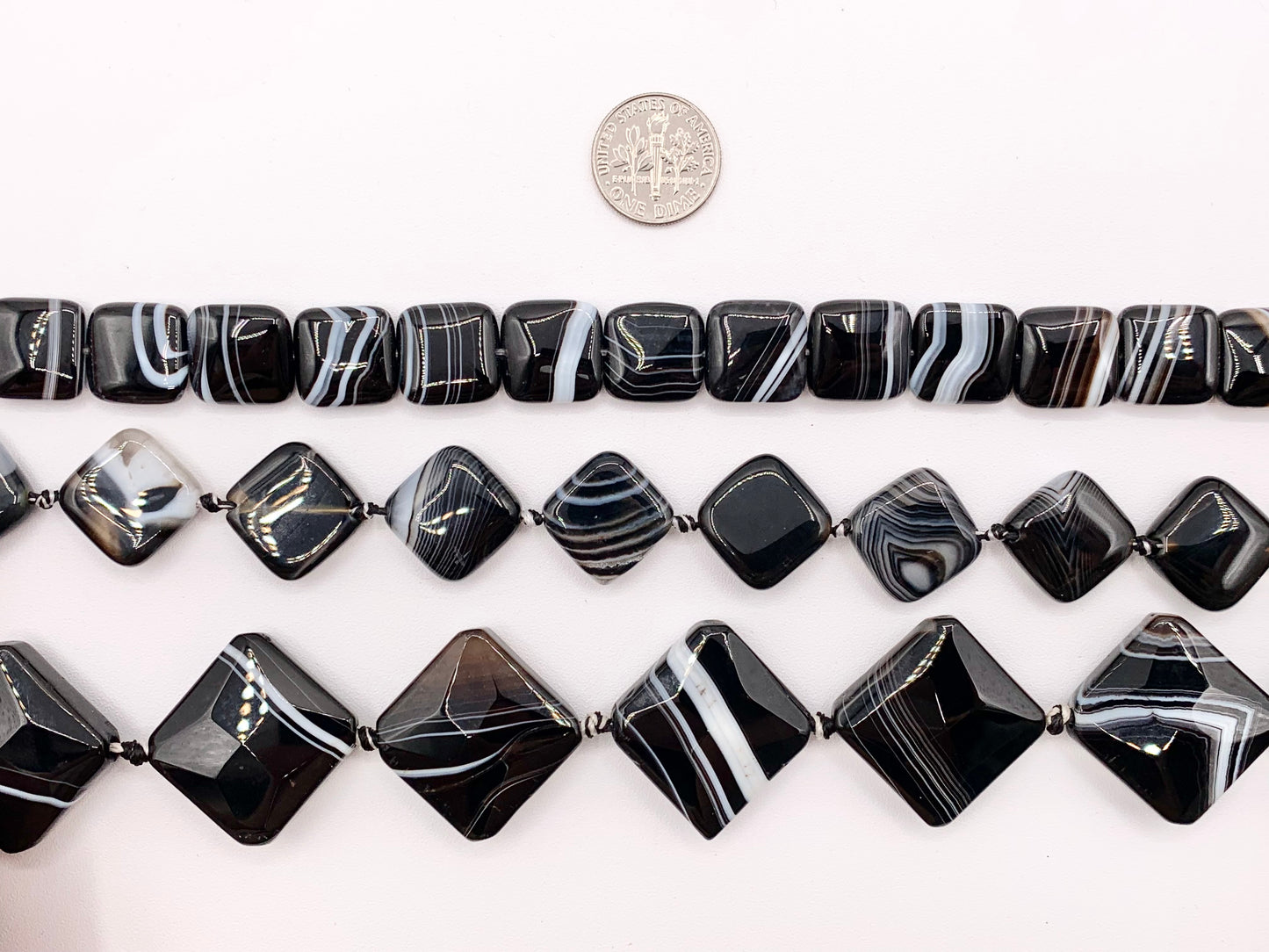 Grade AAA Black Sardonyx with White Stripes Agate Shiny Polished Square And Diamond Shape Natural Stone Beads Around 15"