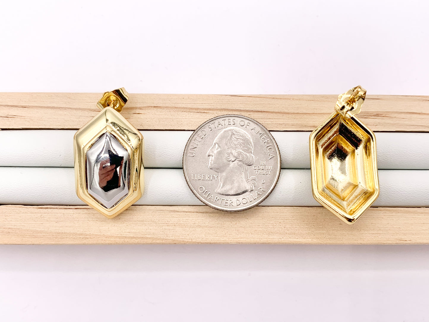 2 Tone Minimalist Hexagon Shaped Earring Studs in 18K Gold/Silver Plated Over Brass  3 PAIRS