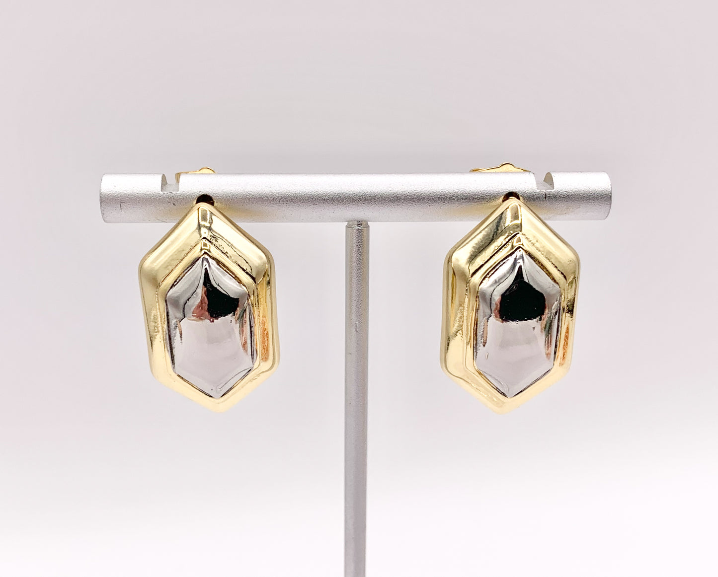 2 Tone Minimalist Hexagon Shaped Earring Studs in 18K Gold/Silver Plated Over Brass  3 PAIRS