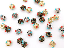 Load image into Gallery viewer, 6x9mm Pewter Cube Faceted Spacer Beads with Red &amp; Blue Beads Tiny Nugget Space Beads for Jewelry Making Antique Gold, Silver, Bronze
