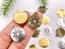 Load image into Gallery viewer, 16mm Pewter Sunburst Carved Circle Pendants Curved Coin One Sided Charms Bulk Order in Gold, Silver, Brass 40 PCS
