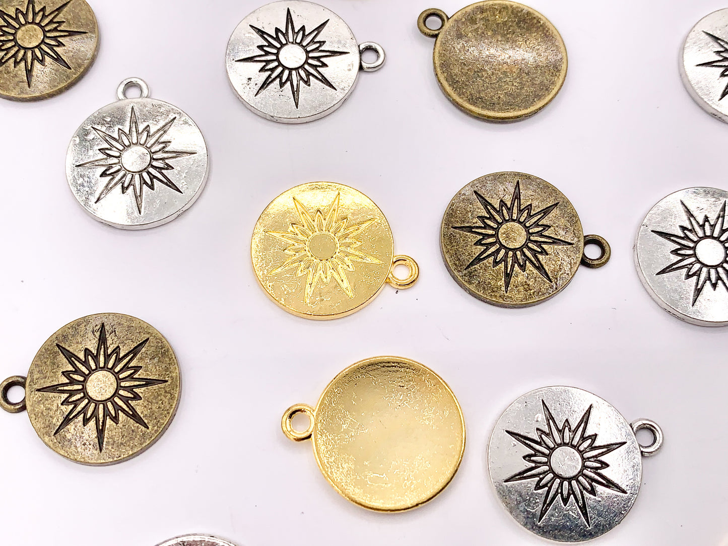 16mm Pewter Sunburst Carved Circle Pendants Curved Coin One Sided Charms Bulk Order in Gold, Silver, Brass 40 PCS