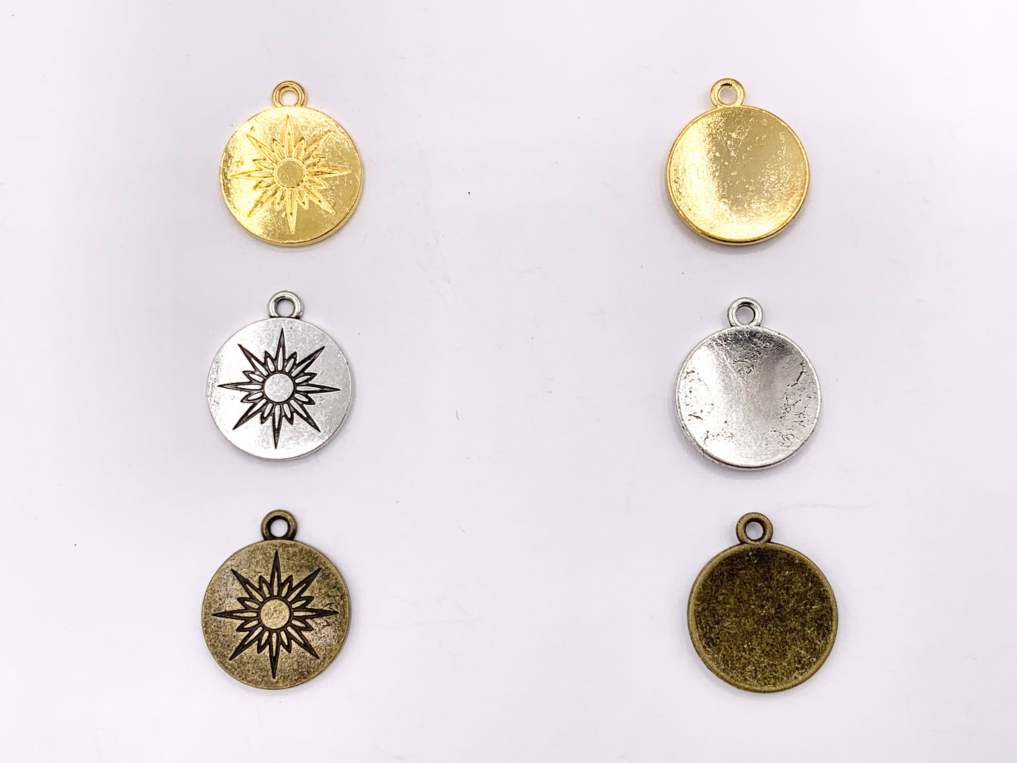 16mm Pewter Sunburst Carved Circle Pendants Curved Coin One Sided Charms Bulk Order in Gold, Silver, Brass 40 PCS