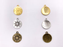 Load image into Gallery viewer, 16mm Pewter Sunburst Carved Circle Pendants Curved Coin One Sided Charms Bulk Order in Gold, Silver, Brass 40 PCS
