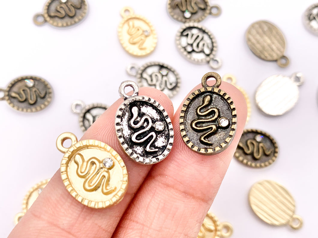 10x16mm Pewter Oval Snake Charm with Crystal | Available in Bronze, Matte Gold, Antique Silver