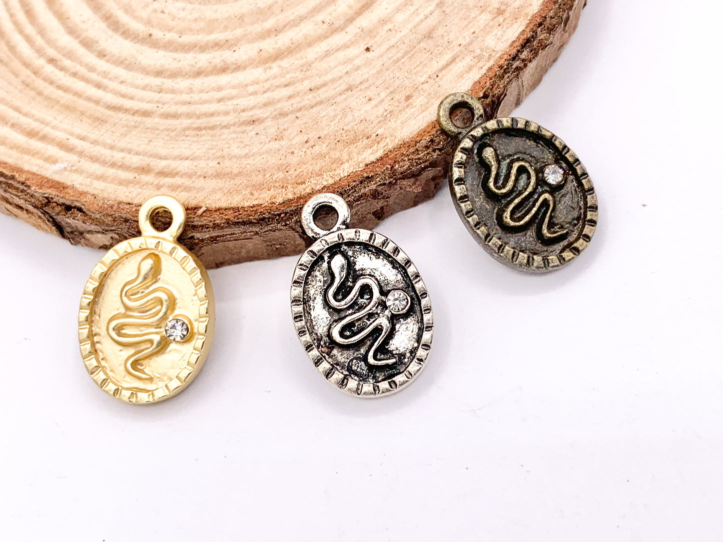 10x16mm Pewter Oval Snake Charm with Crystal | Available in Bronze, Matte Gold, Antique Silver